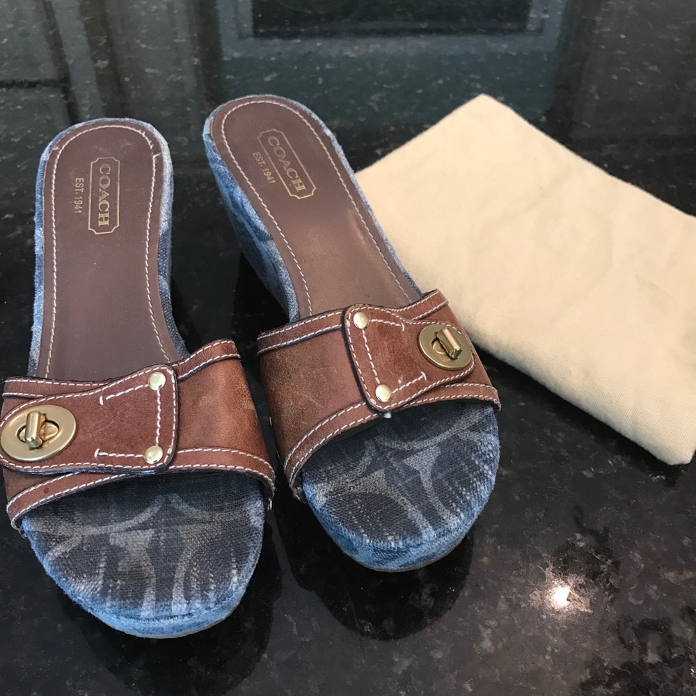 Coach denim and leather sandals/slides